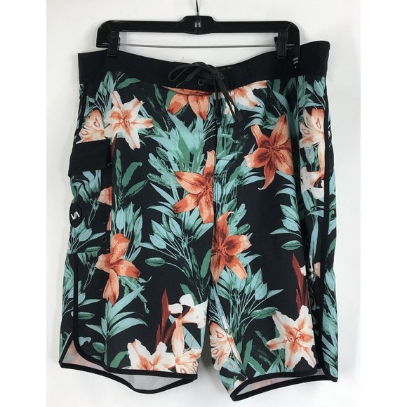 RVCA Mens Multicolor Floral Drawstring Hawaiian Swim Trunk Board Shorts Size 38